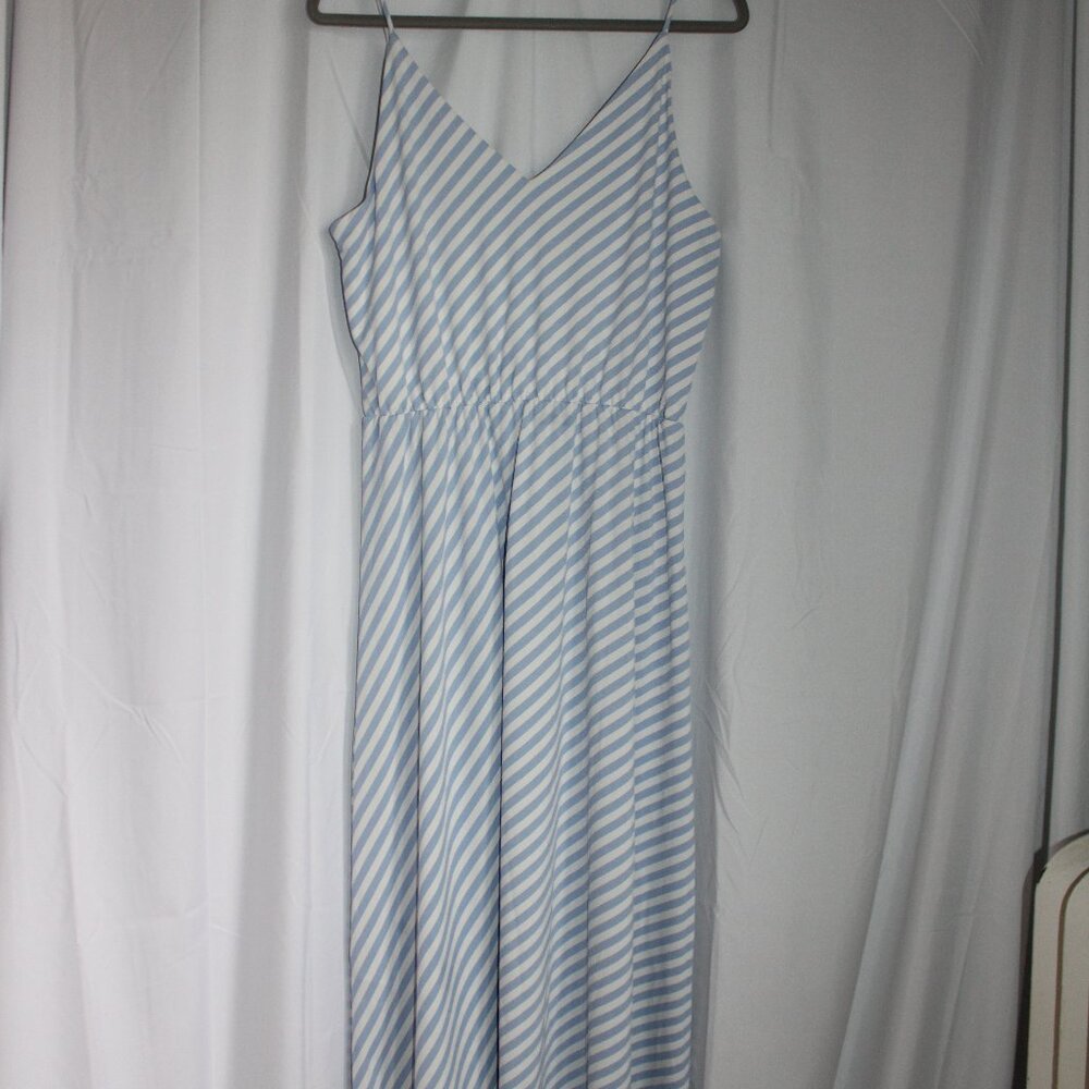 H&M Blue & White Striped Midi Maxi Dress Sleeveless V-neck Beachy Summer